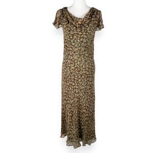 Charter Club Women's Floral 100% Silk Cowl Neck Midi Dress Size 14W Brown